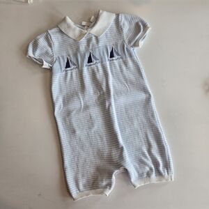 Janie and Jack Light Blue Striped Knit Sailboat Romper 18-24m